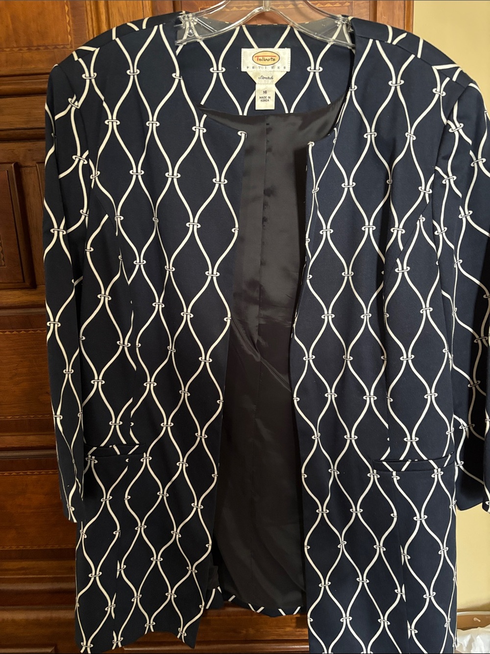 Talbots Navy and White Linked Rope Pattern Open Blazer